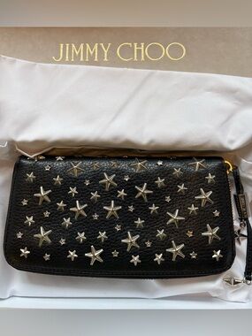 Jimmy Choo Filippa Black Long Wallet, silver stars, full inclusion, stars charm